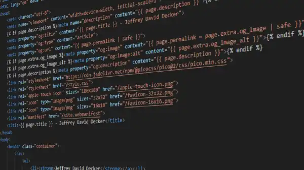 A stylized image of code, representing Jeffrey David Decker's website