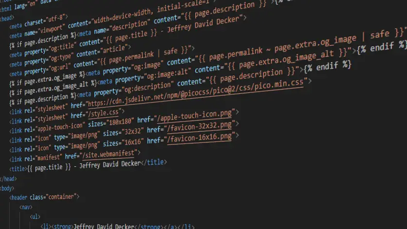 A stylized image of code, representing Jeffrey David Decker's website